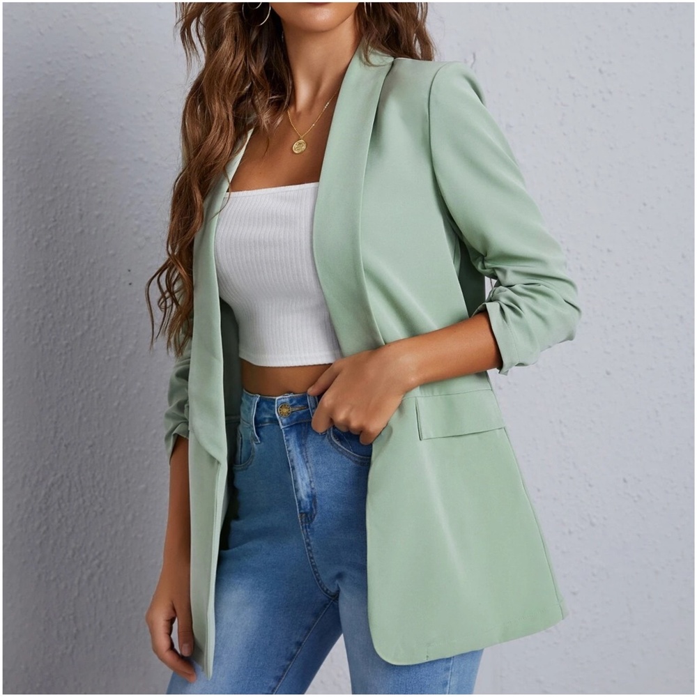 Classic Ruched 1/2 Sleeve Open Front Blazer - Picture 3 of 12